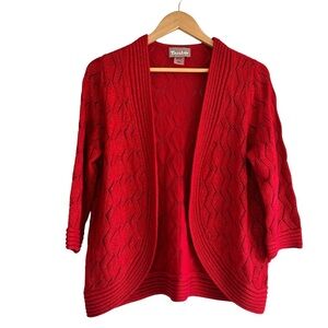 TanJay Red Open Front Women's Crochet Knit 3/4 Sleeve Cardigan Size Medium